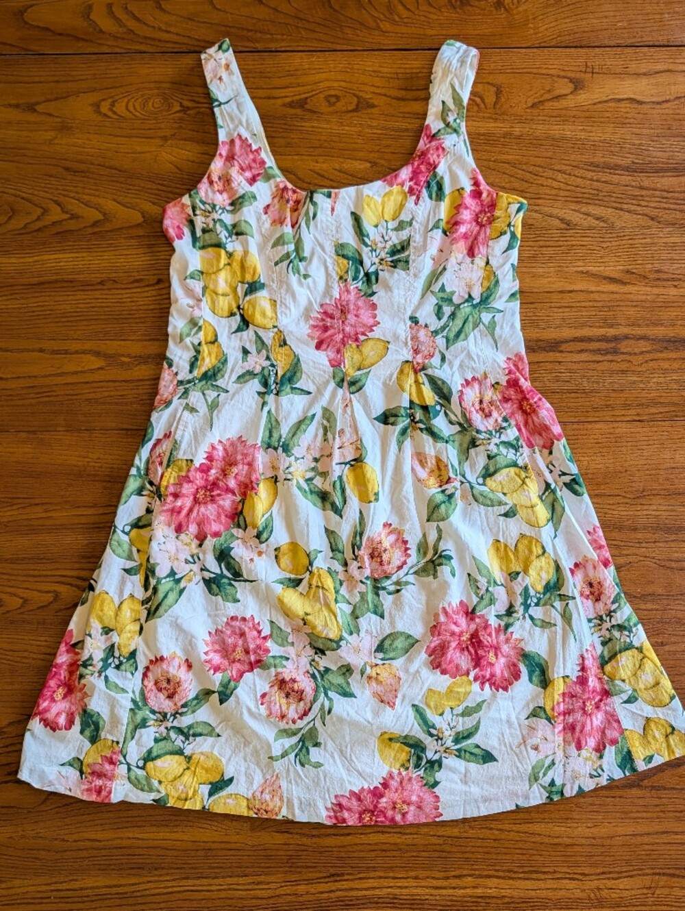 Anne Klein White Floral Sundress with Yellow Lemons and Pink Flowers